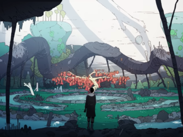 A silhouette stands in the middle of a fantastical alien landscape.