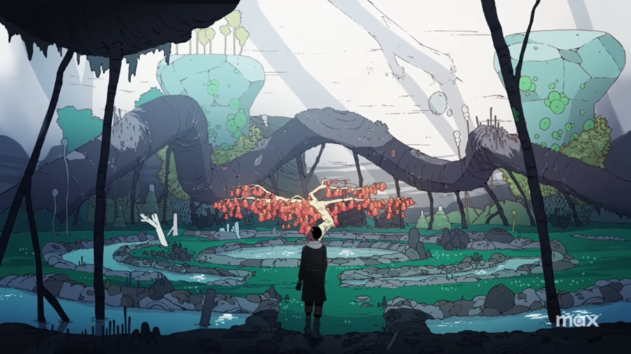 A silhouette stands in the middle of a fantastical alien landscape.